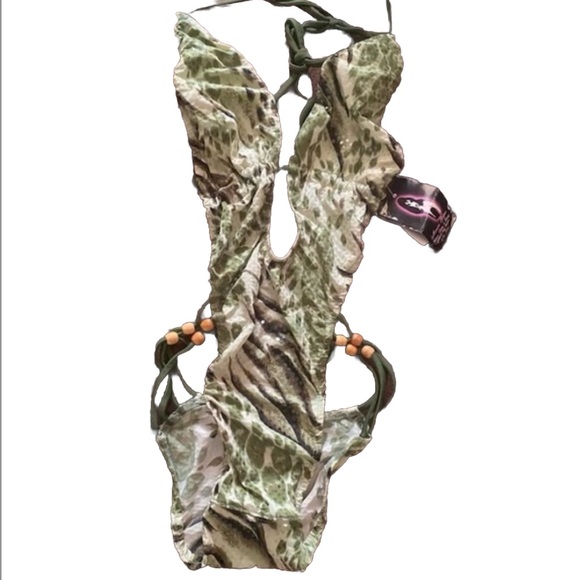Green Mixed Animal Print Sexy One Piece Bathing Suit L - Picture 5 of 5